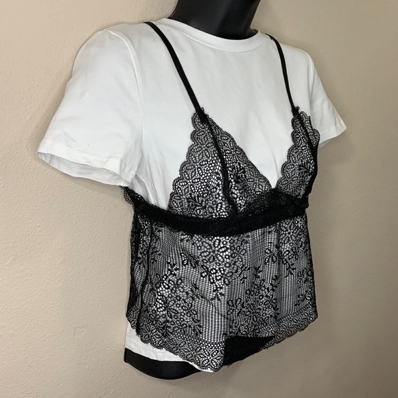 XS Shein White Tee Black Lace Overlay Short Sleeve Top Stretch Y2k Style - Picture 2 of 9